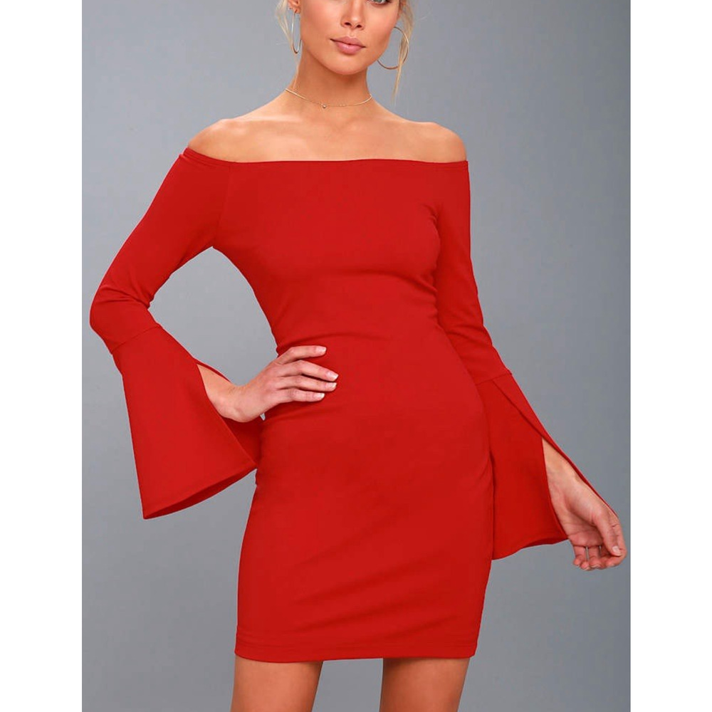 Lulus Marseille Red Bodycon Mini Dress Off-the-Shoulder Long Bell Sleeves Size M